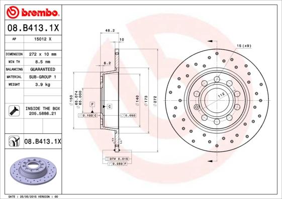 Brembo 08.B413.1X - Bremžu diski adetalas.lv