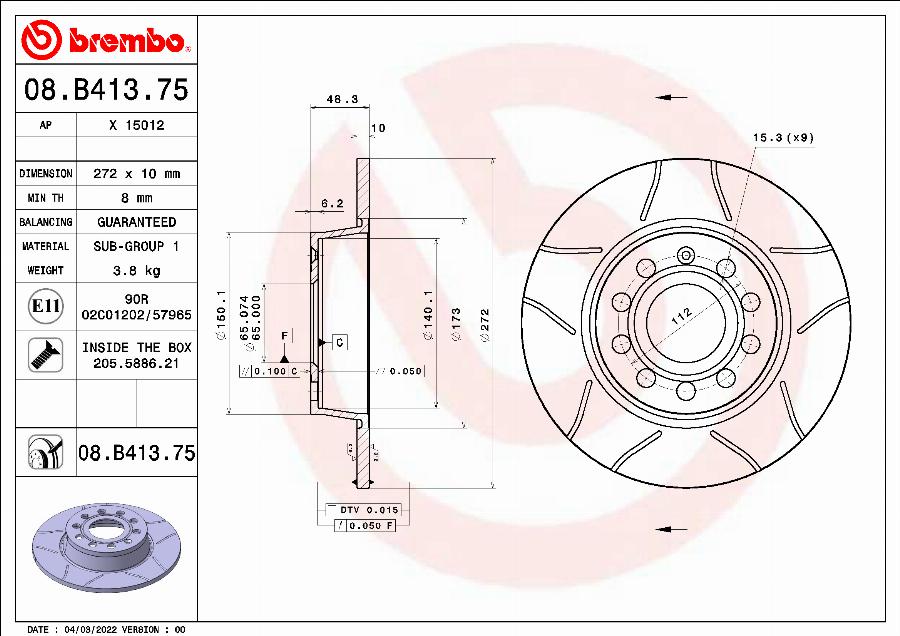 Brembo 08.B413.75 - Bremžu diski adetalas.lv