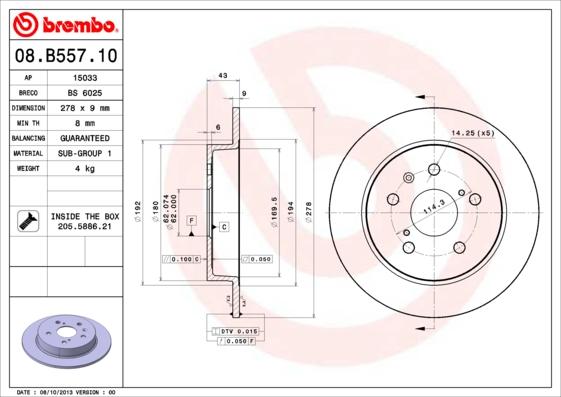 Brembo 08.B557.10 - Bremžu diski adetalas.lv