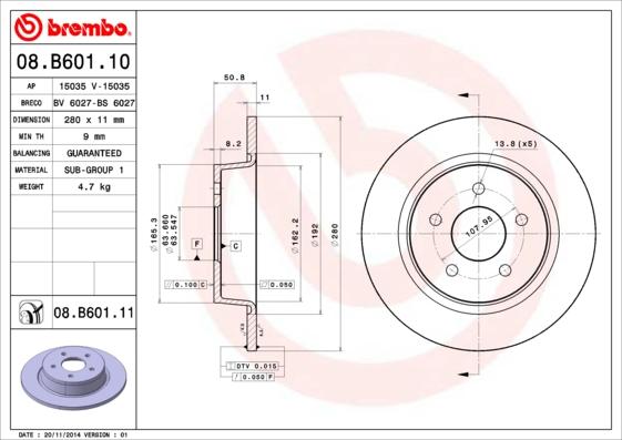 Brembo 08.B601.11 - Bremžu diski adetalas.lv