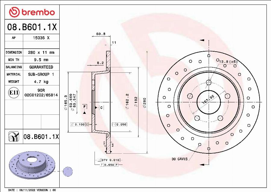 Brembo 08.B601.1X - Bremžu diski adetalas.lv