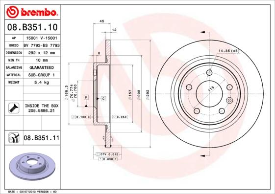 Brembo 08.B351.11 - Bremžu diski adetalas.lv