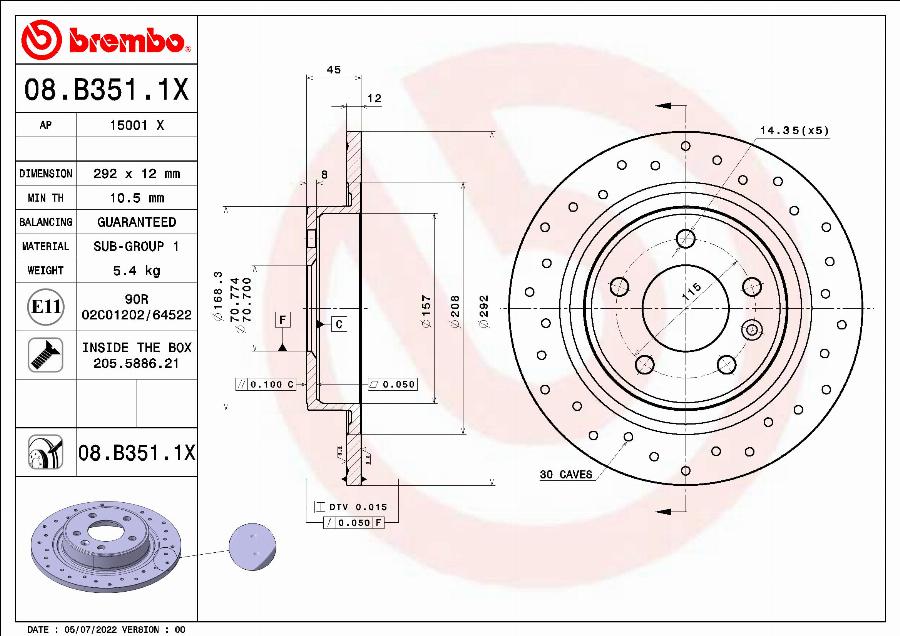 Brembo 08.B351.1X - Bremžu diski adetalas.lv