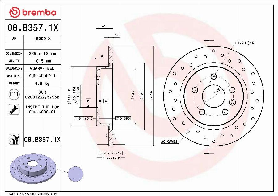 Brembo 08.B357.1X - Bremžu diski adetalas.lv