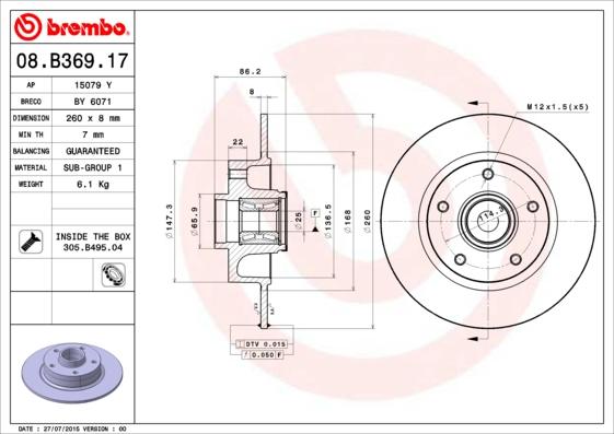 Brembo 08.B369.17 - Bremžu diski adetalas.lv