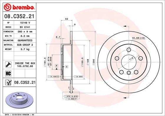 Brembo 08.C352.21 - Bremžu diski adetalas.lv