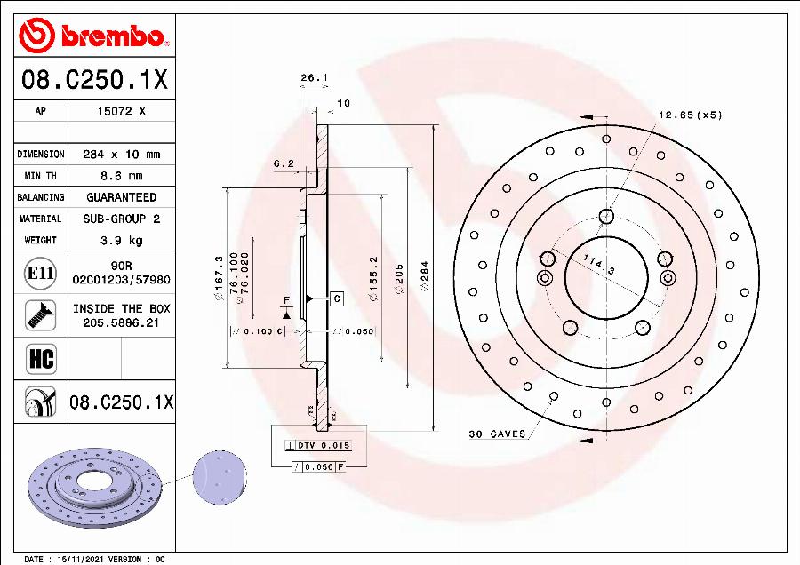 Brembo 08.C250.1X - Bremžu diski adetalas.lv