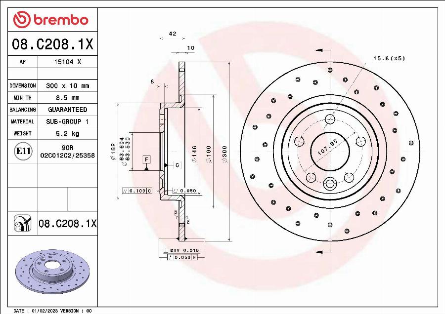 Brembo 08.C208.1X - Bremžu diski adetalas.lv