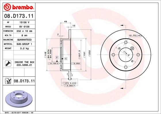 Brembo 08.D173.11 - Bremžu diski adetalas.lv