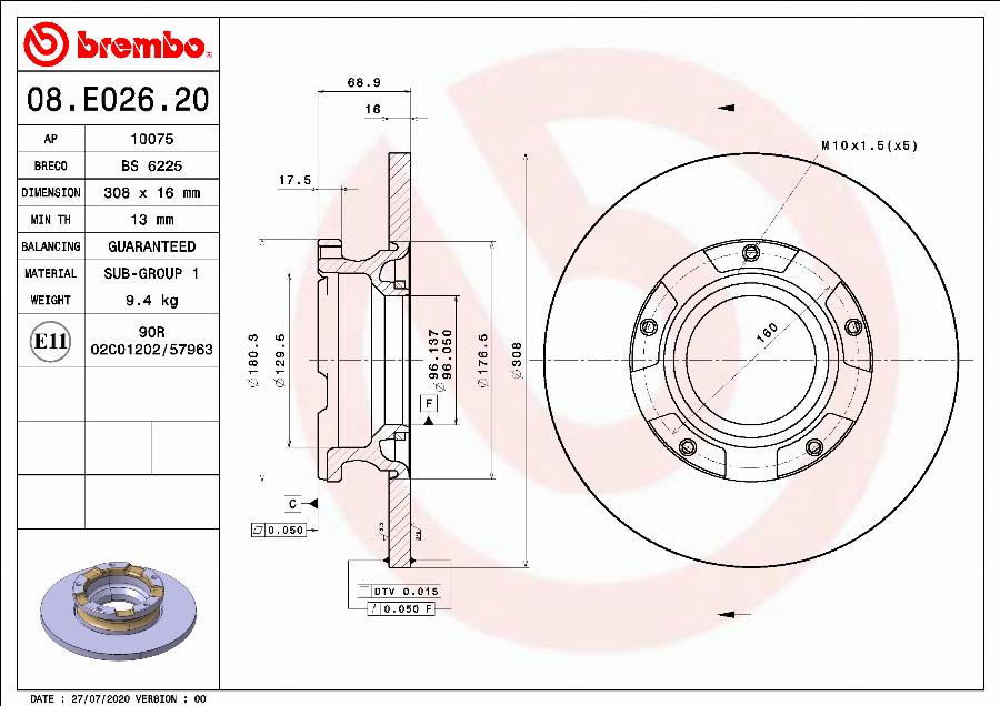 Brembo 08.E026.20 - Bremžu diski adetalas.lv