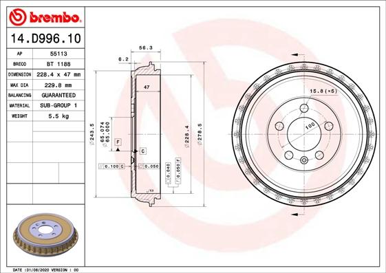 Brembo 14.D996.10 - Bremžu trumulis adetalas.lv