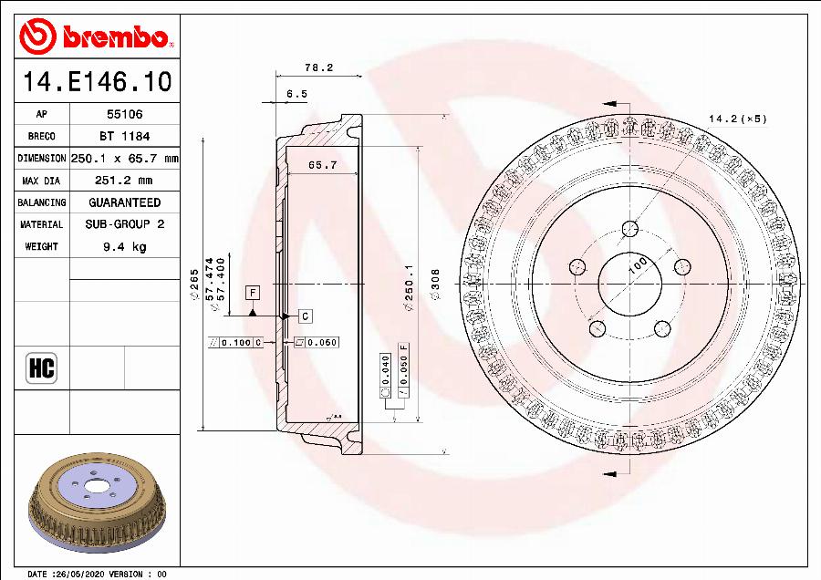 Brembo 14.E146.10 - Bremžu trumulis adetalas.lv