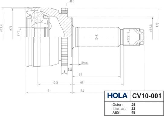 Hola CV10-001 - Šarnīru komplekts, Piedziņas vārpsta adetalas.lv