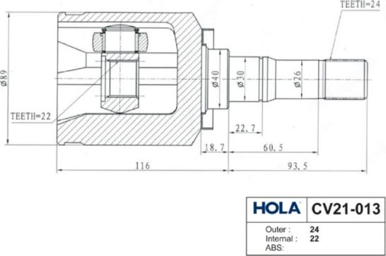 Hola CV21-013 - Šarnīru komplekts, Piedziņas vārpsta adetalas.lv