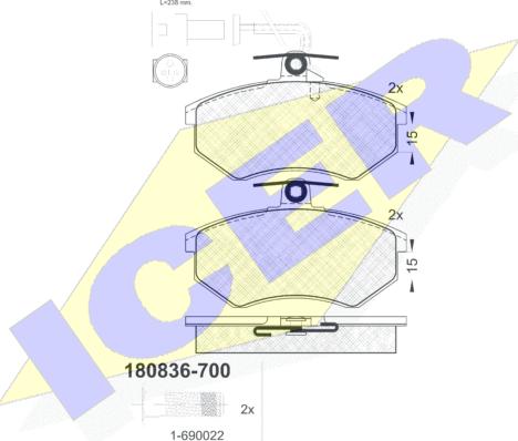 Icer 180836-700 - Bremžu uzliku kompl., Disku bremzes adetalas.lv