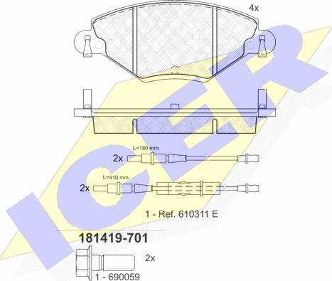 Icer 181419-701 - Bremžu uzliku kompl., Disku bremzes adetalas.lv