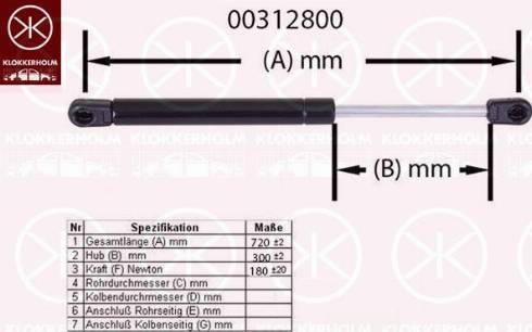 Klokkerholm 00312800 - Gāzes atspere, Motora pārsegs adetalas.lv