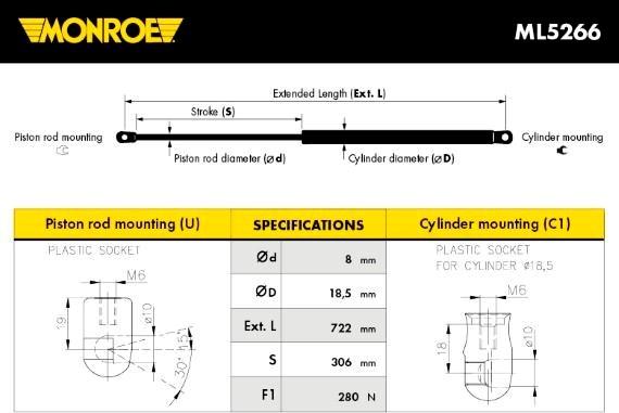 Monroe ML5266 - Gāzes atspere, Motora pārsegs adetalas.lv