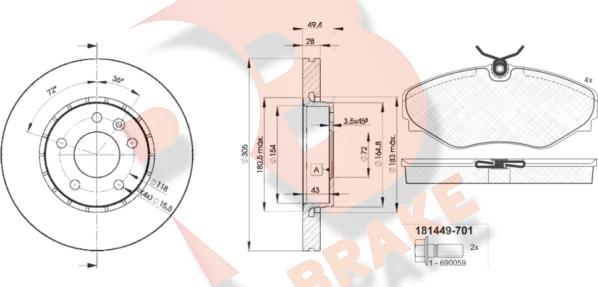 R Brake 3R14496845 - Bremžu komplekts, Disku bremzes adetalas.lv