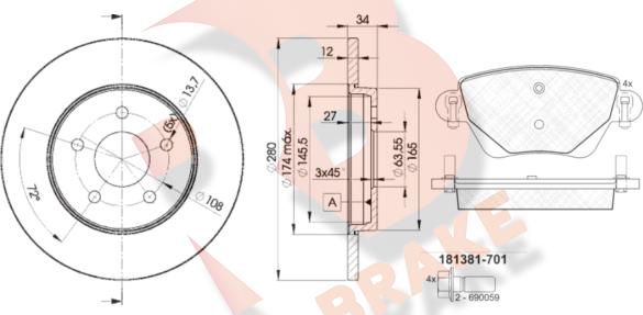 R Brake 3R13816768 - Bremžu komplekts, Disku bremzes adetalas.lv