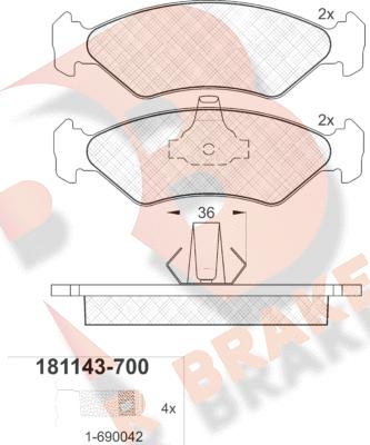 R Brake RB1143-700 - Bremžu uzliku kompl., Disku bremzes adetalas.lv