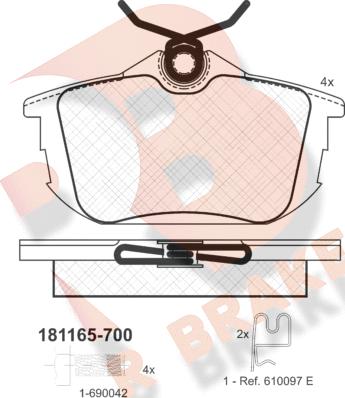 R Brake RB1165-700 - Bremžu uzliku kompl., Disku bremzes adetalas.lv