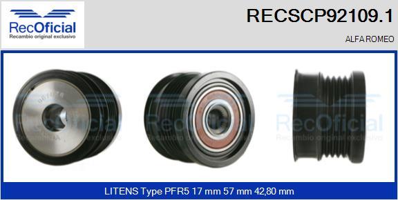 RECOFICIAL RECSCP92109.1 - Piedziņas skriemelis, Ģenerators adetalas.lv