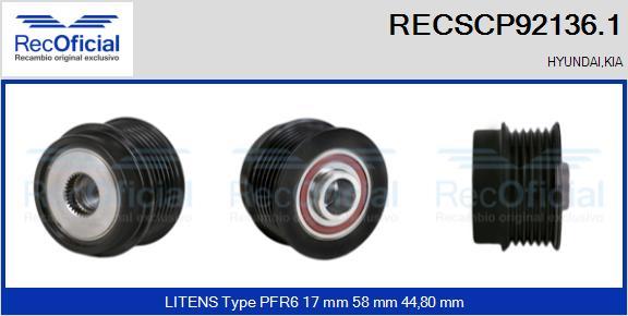 RECOFICIAL RECSCP92136.1 - Piedziņas skriemelis, Ģenerators adetalas.lv