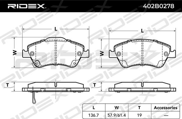 RIDEX 402B0278 - Bremžu uzliku kompl., Disku bremzes adetalas.lv