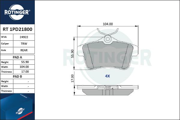 Rotinger RT 1PD21800 - Bremžu uzliku kompl., Disku bremzes adetalas.lv