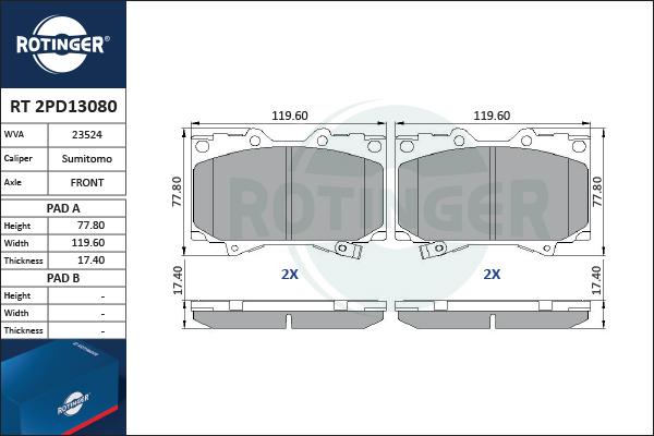 Rotinger RT 2PD13080 - Bremžu uzliku kompl., Disku bremzes adetalas.lv