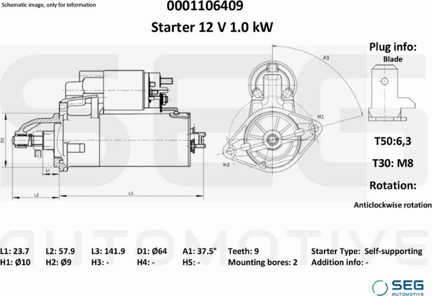 SEG AUTOMOTIVE 0001106409 - Starteris adetalas.lv