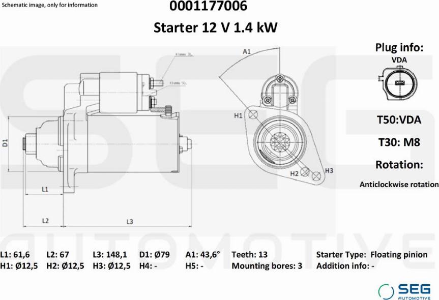 SEG AUTOMOTIVE 0001177006 - Starteris adetalas.lv