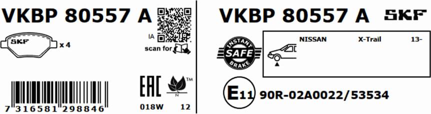 SKF VKBP 80557 A - Bremžu uzliku kompl., Disku bremzes adetalas.lv