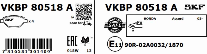 SKF VKBP 80518 A - Bremžu uzliku kompl., Disku bremzes adetalas.lv