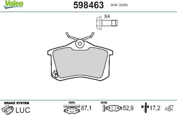 Valeo 598463 - Bremžu uzliku kompl., Disku bremzes adetalas.lv