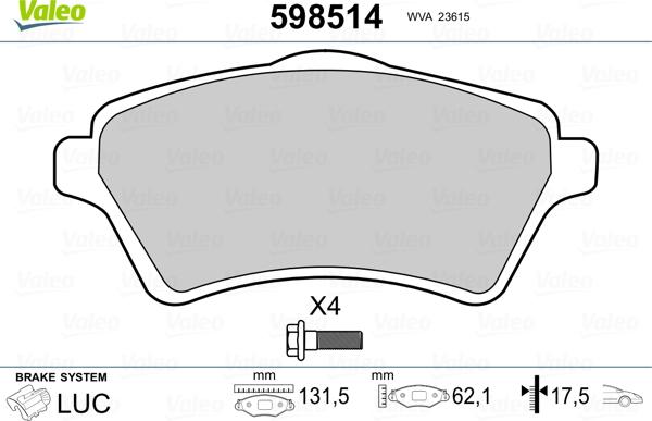 Valeo 598514 - Bremžu uzliku kompl., Disku bremzes adetalas.lv