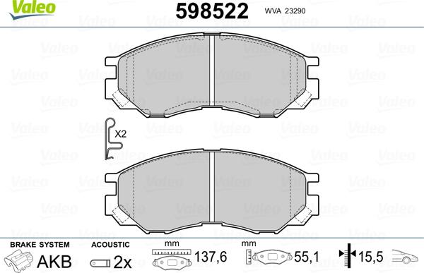 Valeo 598522 - Bremžu uzliku kompl., Disku bremzes adetalas.lv