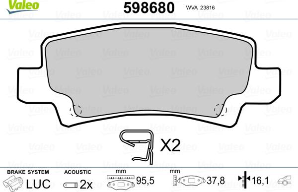 Valeo 598680 - Bremžu uzliku kompl., Disku bremzes adetalas.lv