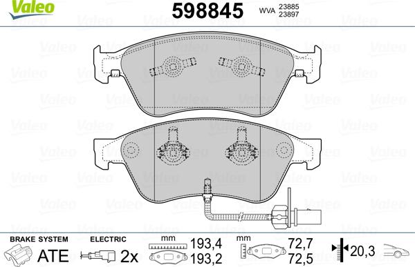 Valeo 598845 - Bremžu uzliku kompl., Disku bremzes adetalas.lv