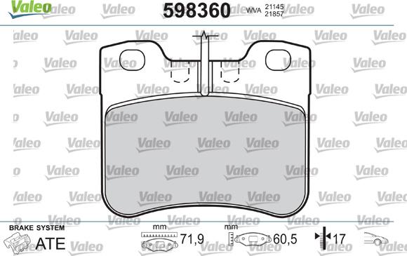 Valeo 598360 - Bremžu uzliku kompl., Disku bremzes adetalas.lv