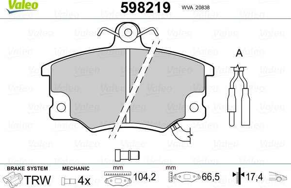 Valeo 598219 - Bremžu uzliku kompl., Disku bremzes adetalas.lv