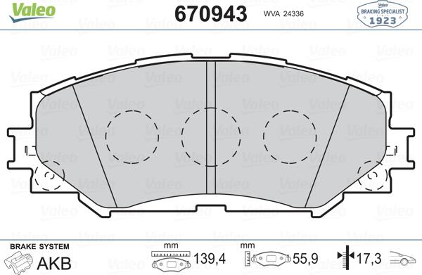 Valeo 670943 - Bremžu uzliku kompl., Disku bremzes adetalas.lv