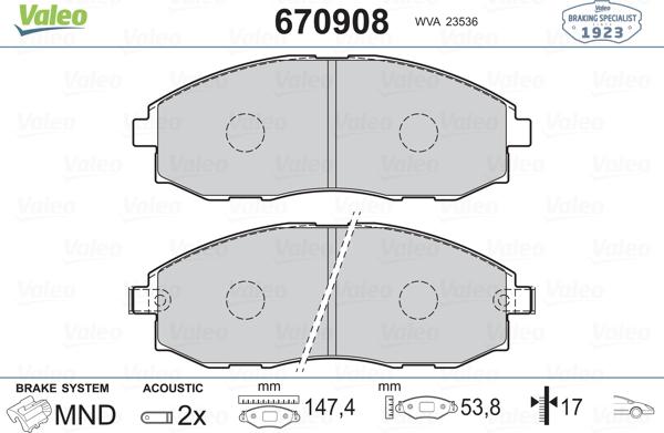 Valeo 670908 - Bremžu uzliku kompl., Disku bremzes adetalas.lv