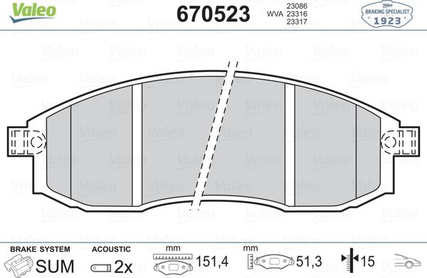 Valeo 670523 - Bremžu uzliku kompl., Disku bremzes adetalas.lv