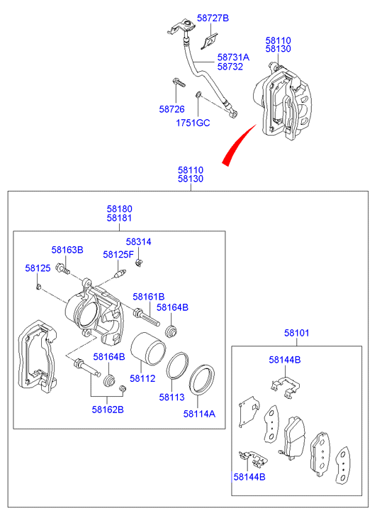 Hyundai 58164-2E000 - Virzītājčaulu komplekts, Bremžu suports adetalas.lv