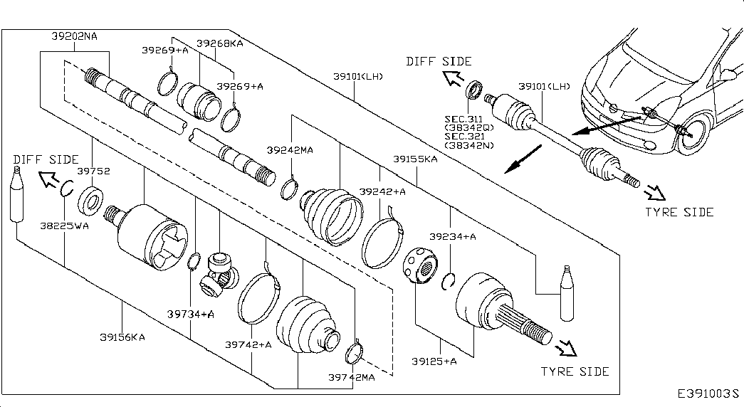 NISSAN 391011U600 - Piedziņas vārpsta adetalas.lv